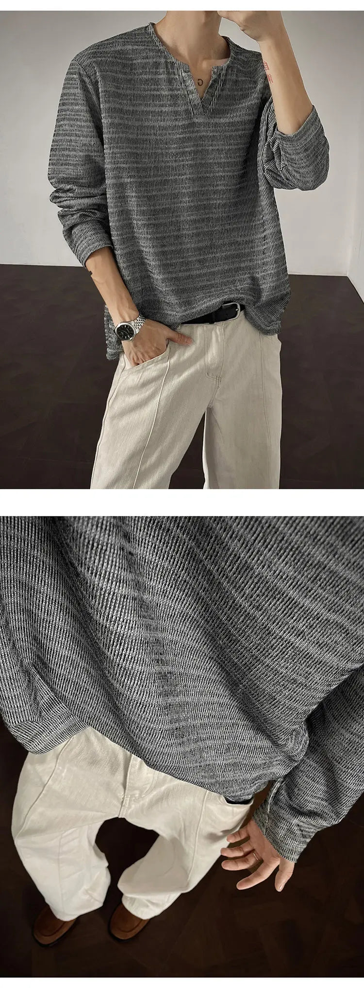 2025 New Fall Mens Long Sleeve Tshirt Soft Comfortable Casual Knitted Shirt V Neck Top Fashion Mens Clothing Teen Boys Clothing voguable