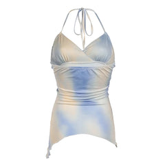 Voguable Boho Aesthetic Tie-dye Flower Print Cami Women Fairycore Criss-cross Milkmaid Spaghetti Straps Corset Asymmetrical Tops voguable