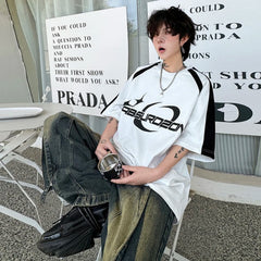 Voguable Letter Printed Splicing Design Fashion Handsome Short Sleeved T-shirts Summer New Trendy Korean Men's Street Tops voguable