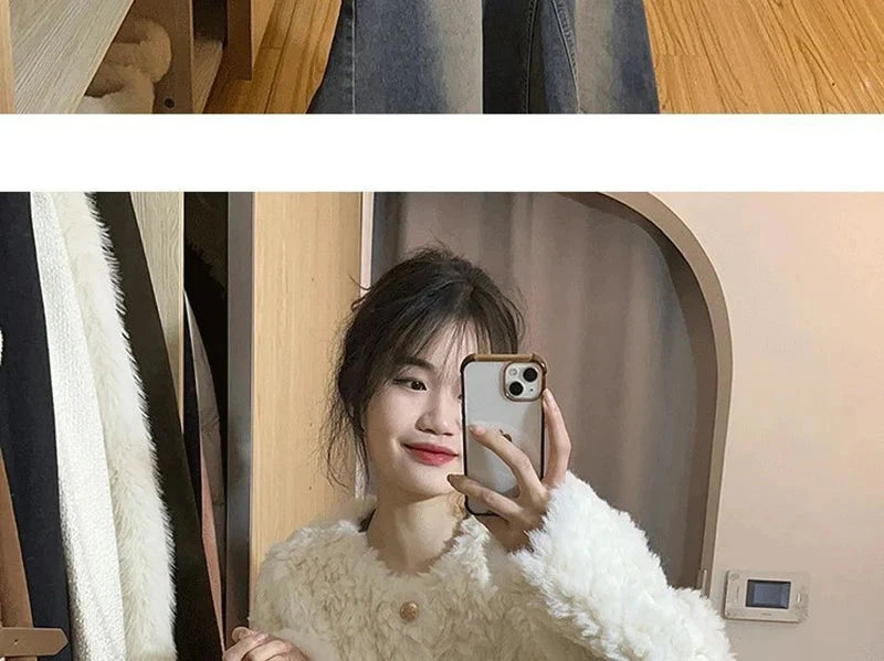 Winter Sweet Korean Faux Lamb Coat Women Vintage Warm Thick Long Sleeve Cute Jacket Casual O Neck Pockets Elegant White Tops New voguable