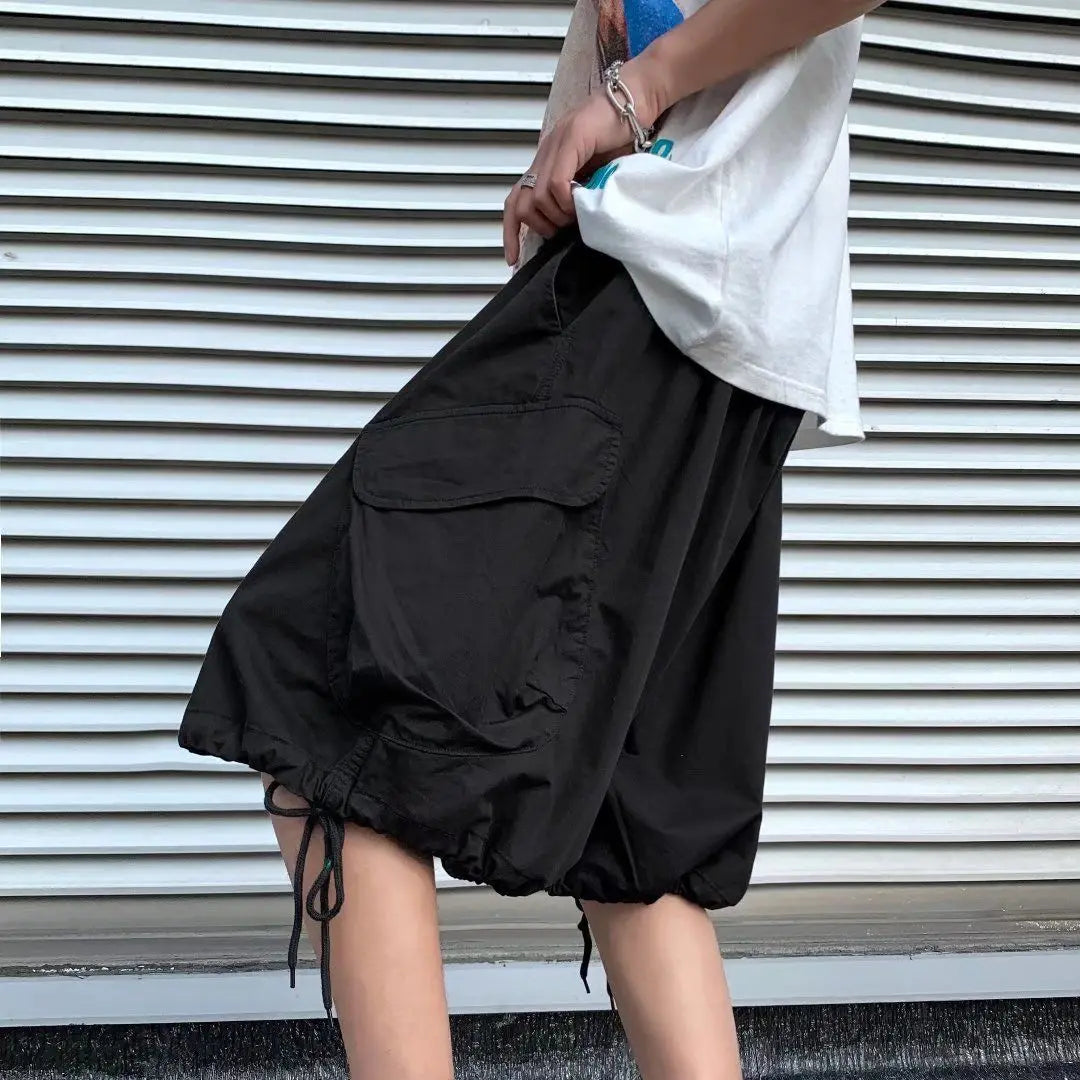 Voguable  7-point Men Summer Thin Japanese Workwear Wide-leg Loose Over-knee Shorts voguable