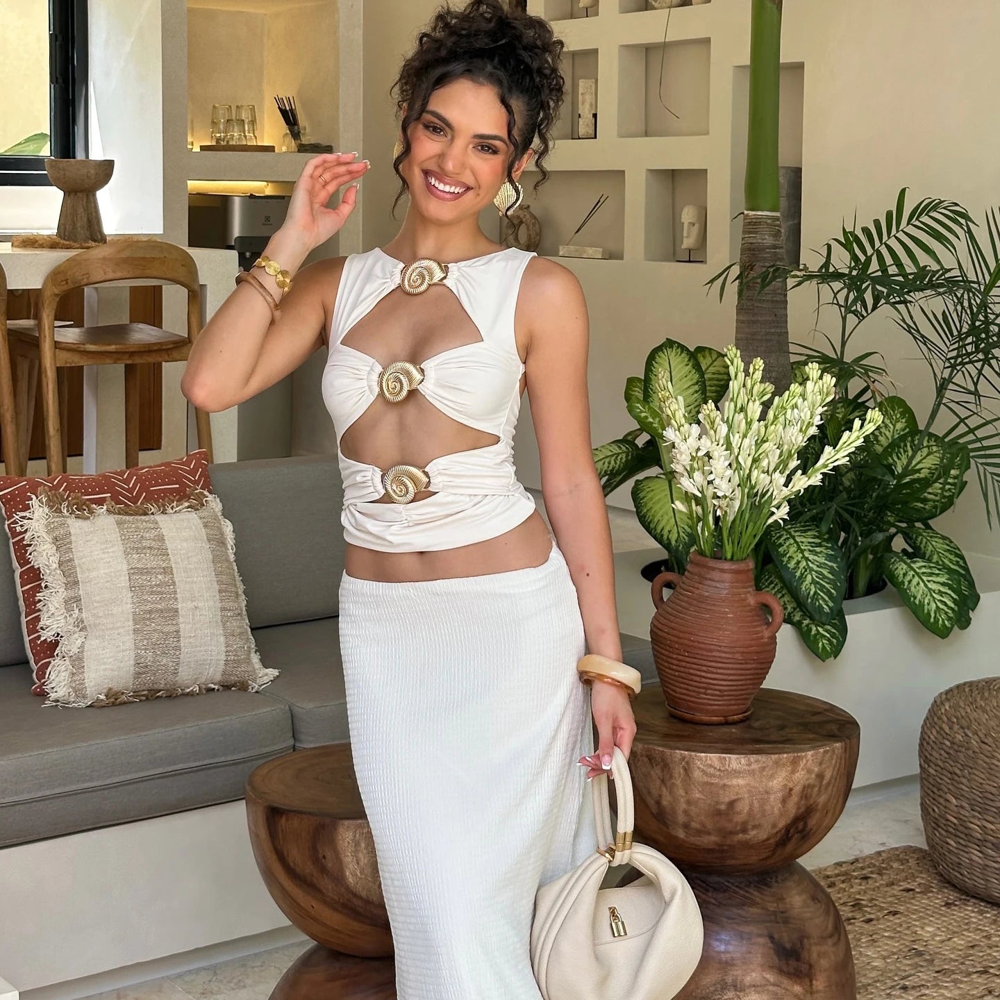 2Pieces Hollow Swimsuit With Long Skirt Women Sexy Swimwear Female Bikini Shiny Button Swim Suit White Bodysuit Beachwear Outfit voguable