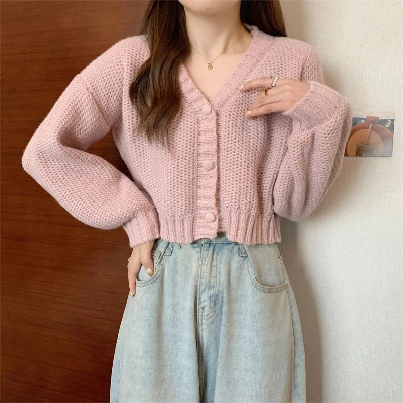 Sexy Cropped Sweet Cardigan Women V Neck Vintage Slim Long Sleeve Knitted Sweaters Korean Causal Simple Solid Lady Fall Tops New voguable