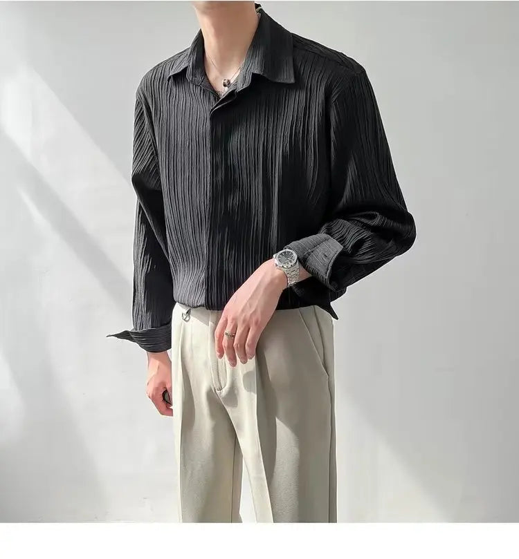 Black Apricot White Long-sleeved Shirt Men Fashion Social Mens Dress Shirt Korean Loose Casual Pleated Shirts Mens Formal Shirt voguable