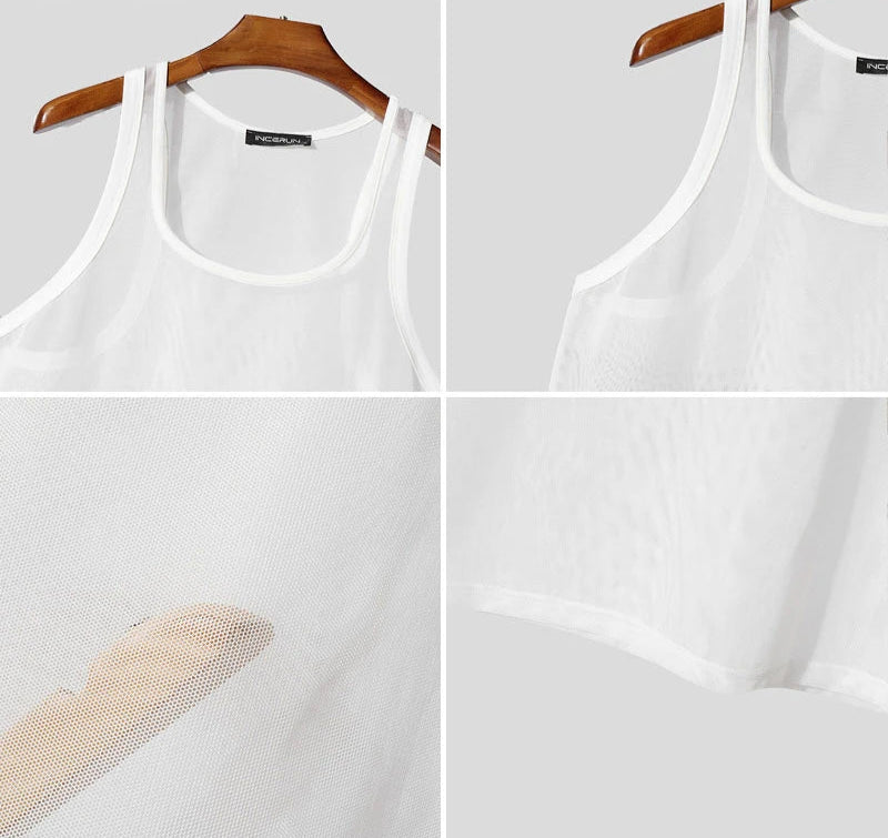 Men Tank Tops Solid Color O-neck Sleeveless Mesh Male Vests Summer Streetwear Transparent Hollow Out Men Clothing voguable