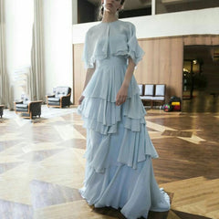 Light Blue A Line Prom Dresses Ruffles Tiered Women Customized Evening dresses Arabic Party Special Occasion Dress voguable