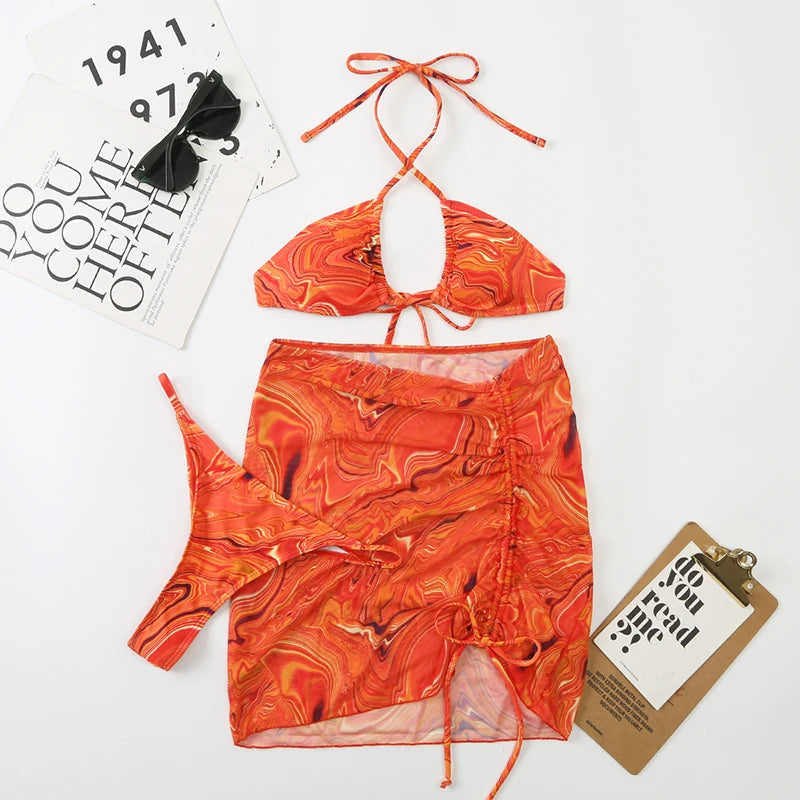 Voguable  3 Pieces Bikini Set With Skirt  Tie Dye String Thong Bathing Suit Women Swimsuit Female  Swimwear Beach Wear Swim Lady Summer voguable