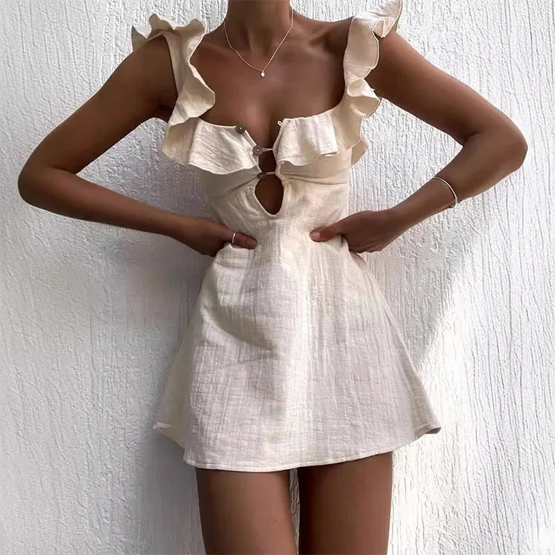 Summer Hollow Out Button Ruffles Short Dress Sexy V Neck Sleeveless Solid Color Dress New Holiday Beach Cotton Linen Mini Dress voguable