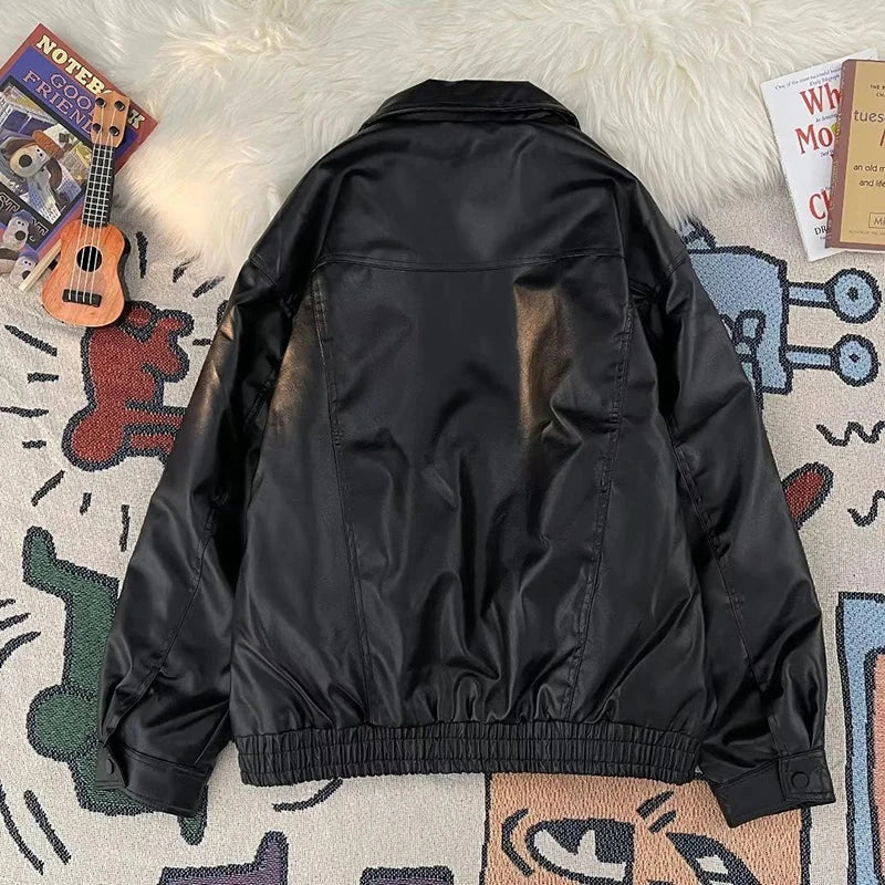 American Pu Leather Jackets Women Y2K Fashion Streetwear Zipper Moto Coats Bf Loose Lapel All-Match Punk Bomber Outerwear New voguable