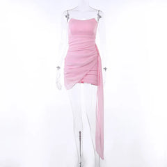 Solid color sexy long ribbon Mini dress ladies summer strapless sheath dress Sisterly temperament party dress short skirt voguable