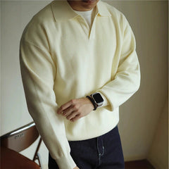 New American Chic Men Polo Sweater Luxury Trendy Business V Neck Knit Solid Color Pullover Leisure Slim-fit Long Sleeve Knitwear voguable