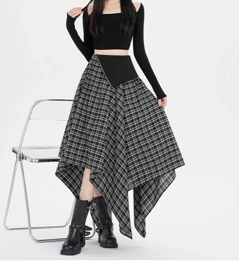 Y2K Streetwear Plaid Long Skirt Women High Waist Retro Hip Hop Irregular Skirt Fall Casual American Gothic Female Long Skirts voguable