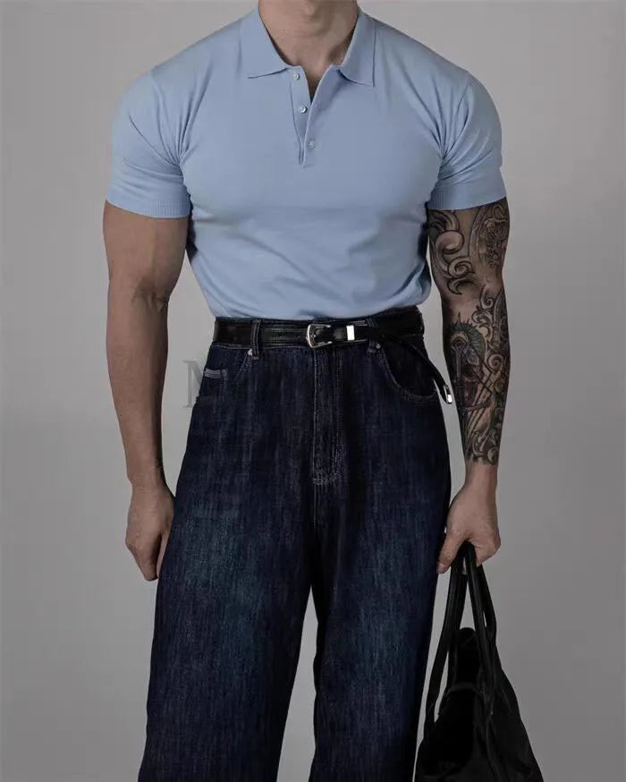 Voguable  American Style Hard Man  Color Ice Silk  Shirt Muscle Men Slim Short Sleeve Workwear T-Shirt Tight Sleeve Casual Gol... voguable