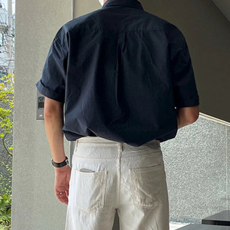 Summer Men's Clothing Light Luxury Shirt Korean Solid Color Short Sleeve Button-down Retro Fashion Leisure Loose Pocket Shirts voguable