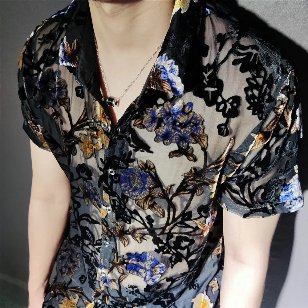 Colorful Flowers Pattern Velvet Shirt Men Transparent Short Sleeve Sexy Shirt Social Club Outfits Party Men Designer Shirt voguable