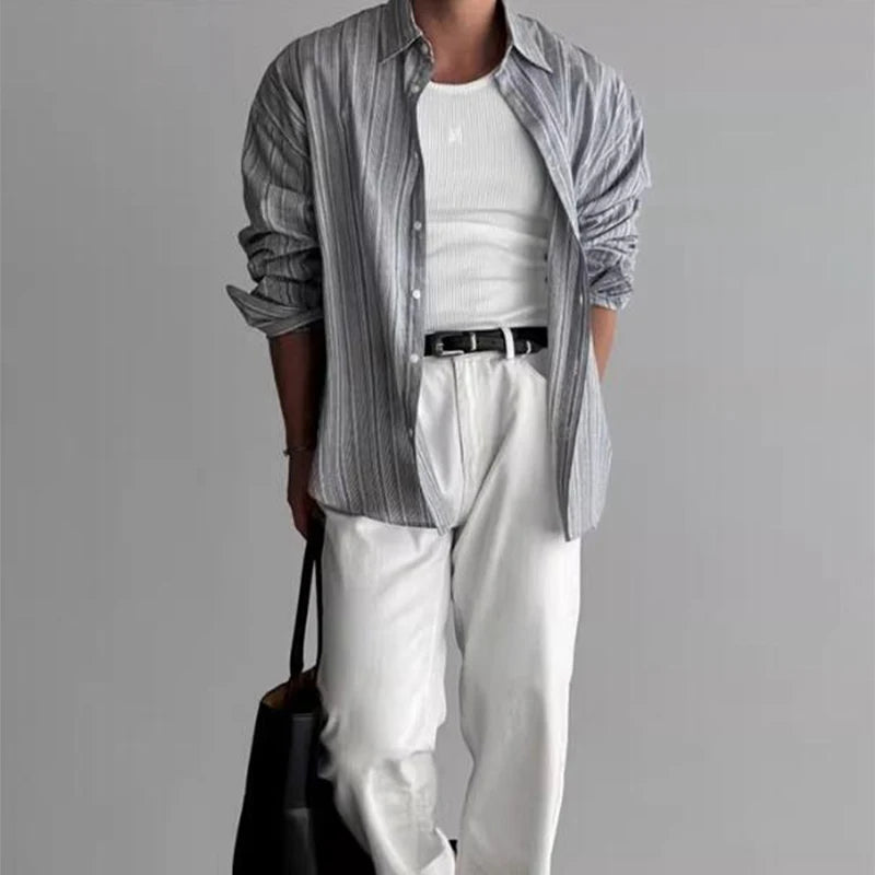 Voguable Vintage Men Striped Printed Shirt Long Sleeve Turn-down Collar Buttoned Shirts Autumn New Casual Slim Fit Men Cardigan Shirts voguable