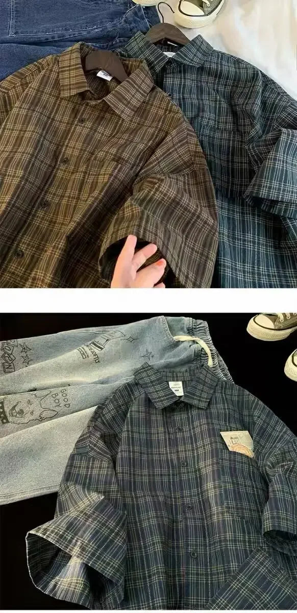 Japanese Vintage Plaid Short Sleeve Shirt Men's Streetwear Loose Fit Casual Stylish Versatile Half Sleeve Underwear voguable