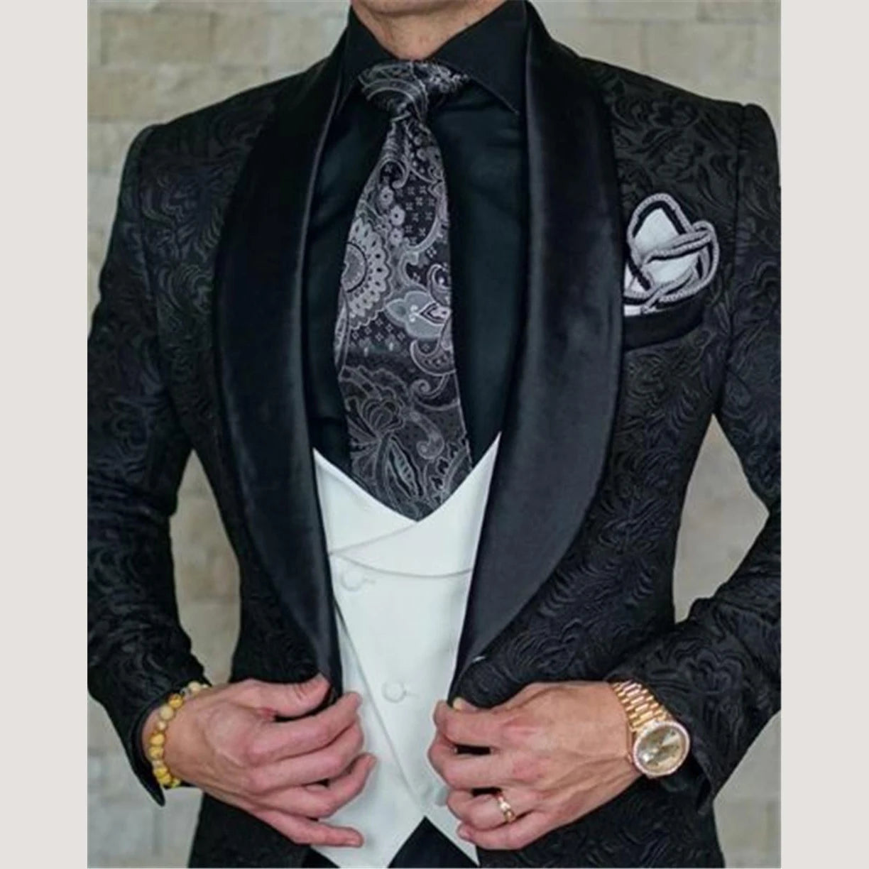 Voguable  New Groom Jacquard Men Suit One Button Groomsmen Shawl Lapel Wedding Prom Dinner Blazer Best Man Party Suits (Jacket+Pants+Vest) voguable