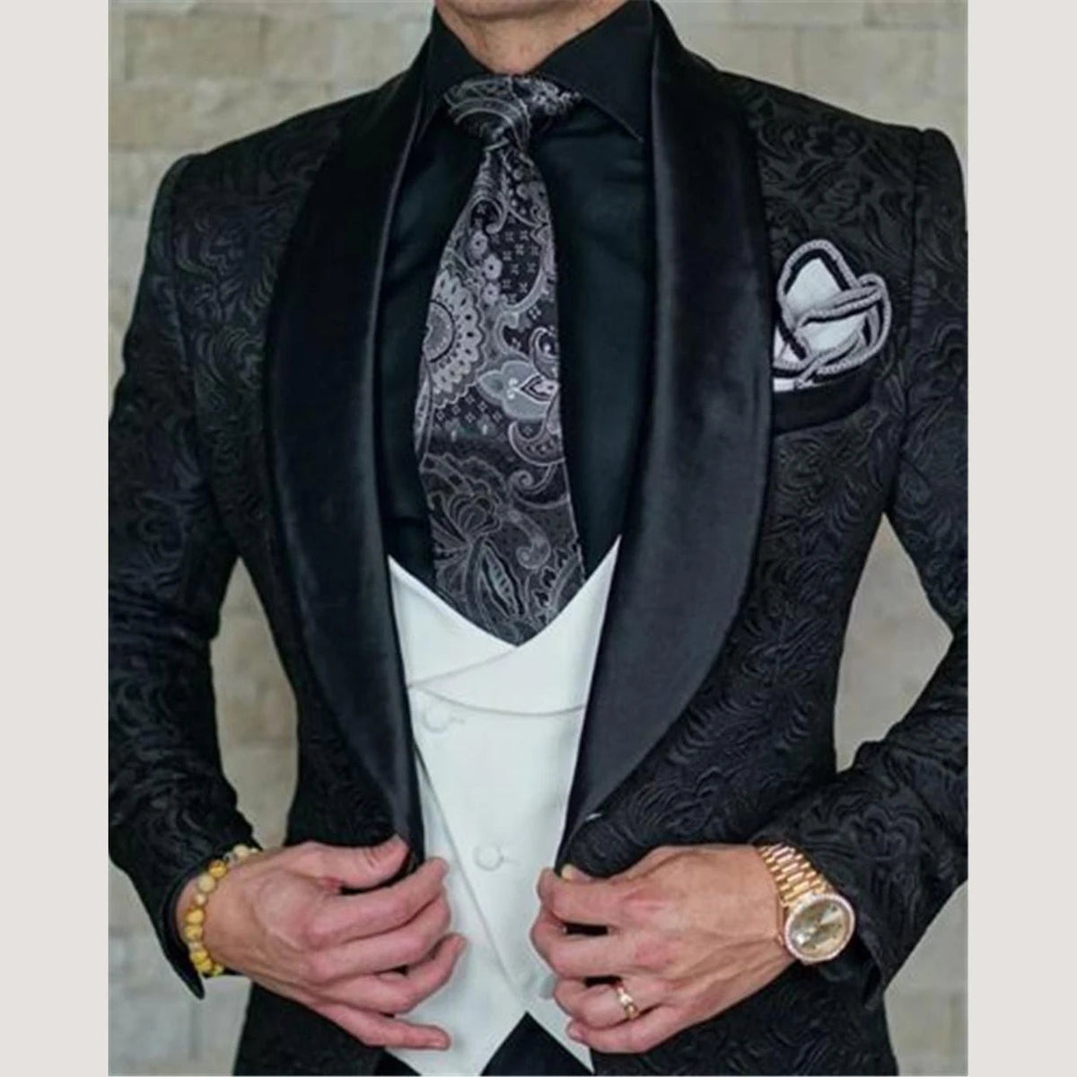 Voguable  New Groom Jacquard Men Suit One Button Groomsmen Shawl Lapel Wedding Prom Dinner Blazer Best Man Party Suits (Jacket+Pants+Vest) voguable