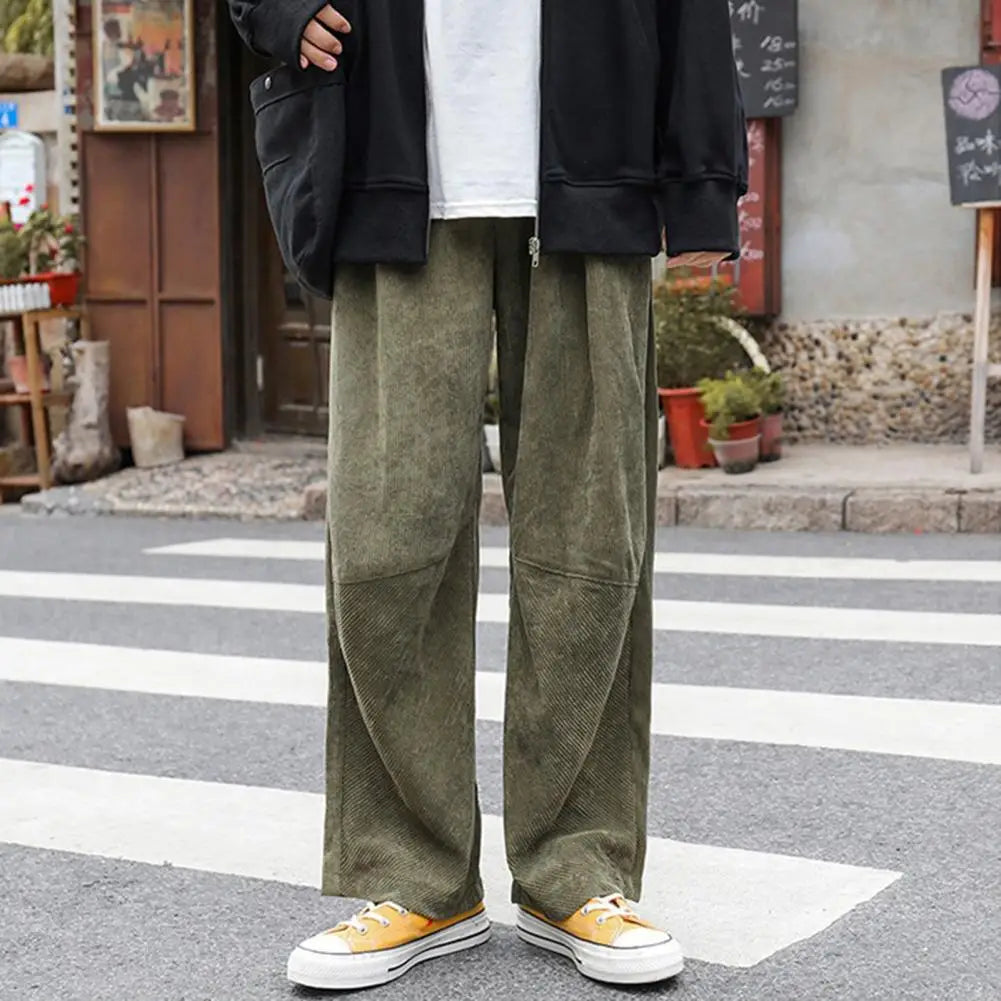 Autumn Men Pants Solid Color Wide Leg Elastic Waist Loose Straight Corduroy Trousers Relaxed Fit Corduroy Pants for Jogging voguable