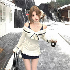 Elegant Sexy Two-piece Set Mini Dress Women Coquette Off Shoulder Evening Party Dress Sweet Korean Style Ruffle Dresses voguable