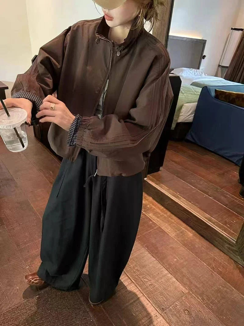 Harajuku Y2K Baseball Jacket Women Loose Vintage Plaid Patchwork Short Coat Streetwear Long Sleeve Vintage American Bf Tops voguable