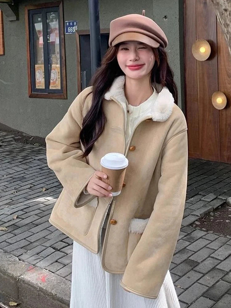 Women Faux Lamb Suede Jacket Winter Warm Long Sleeve Sweet Cotton Coat Korean Pockets Female Thick Vintage Outwear Tops voguable