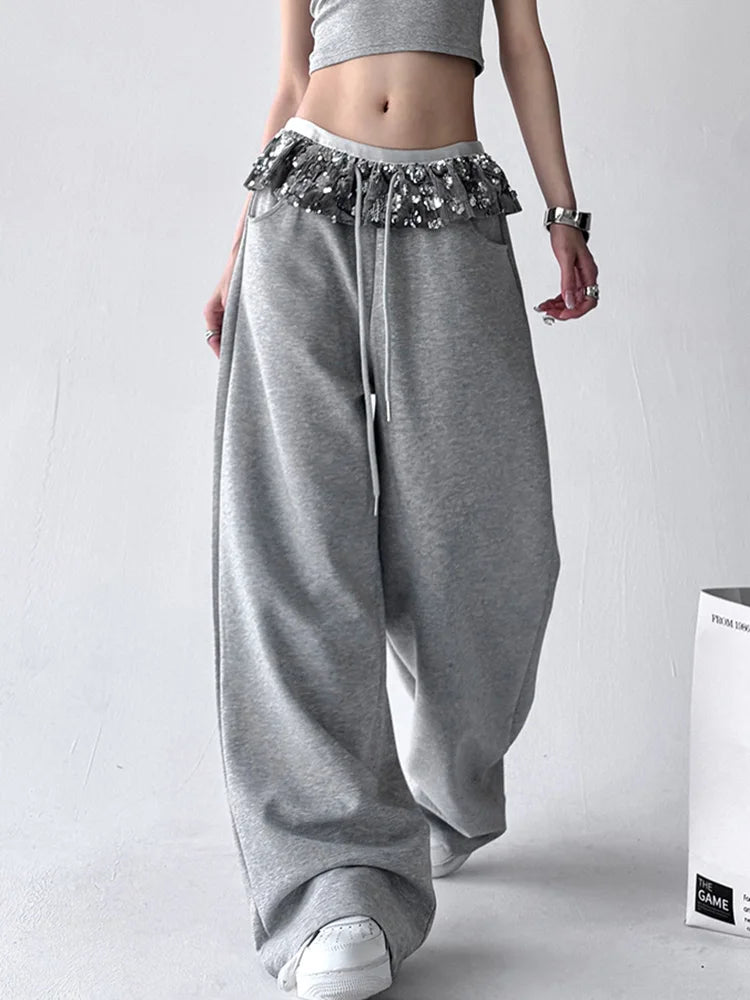 Chic Bright Silk Patchwork Sweatpants Women Loose Streetwear High Waist Casual Pant Fashion Pockets Fall American Gray Trousers voguable