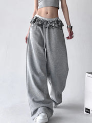 Chic Bright Silk Patchwork Sweatpants Women Loose Streetwear High Waist Casual Pant Fashion Pockets Fall American Gray Trousers voguable
