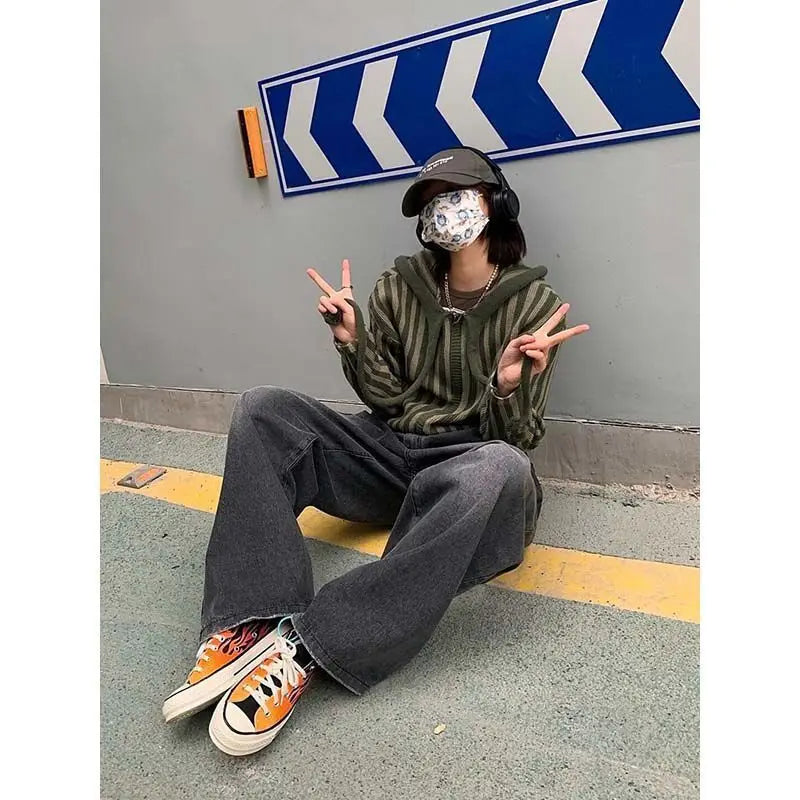 2025 Spring Autumn Korean Hooded Loose Harajuku Sweaters Women Striped Zipper Cardigan Knitted Fashion Gothic Y2k Tops Jumper voguable