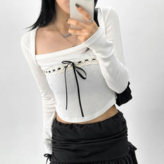 Voguable Cute Casual Ribbons Lace-up Bow Top Coquette Style Square Collar Long Sleeve T-shirts Korean Chic Basics Knitted Tops voguable