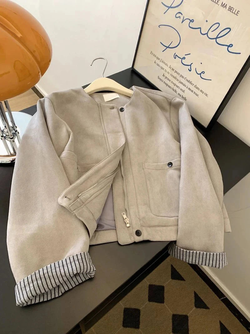 Women Faux Suede Y2K Jacket American Retro O Neck Long Sleeve Casual Coat Retro Casual Harajuku Streetwear Fall Winter Tops voguable