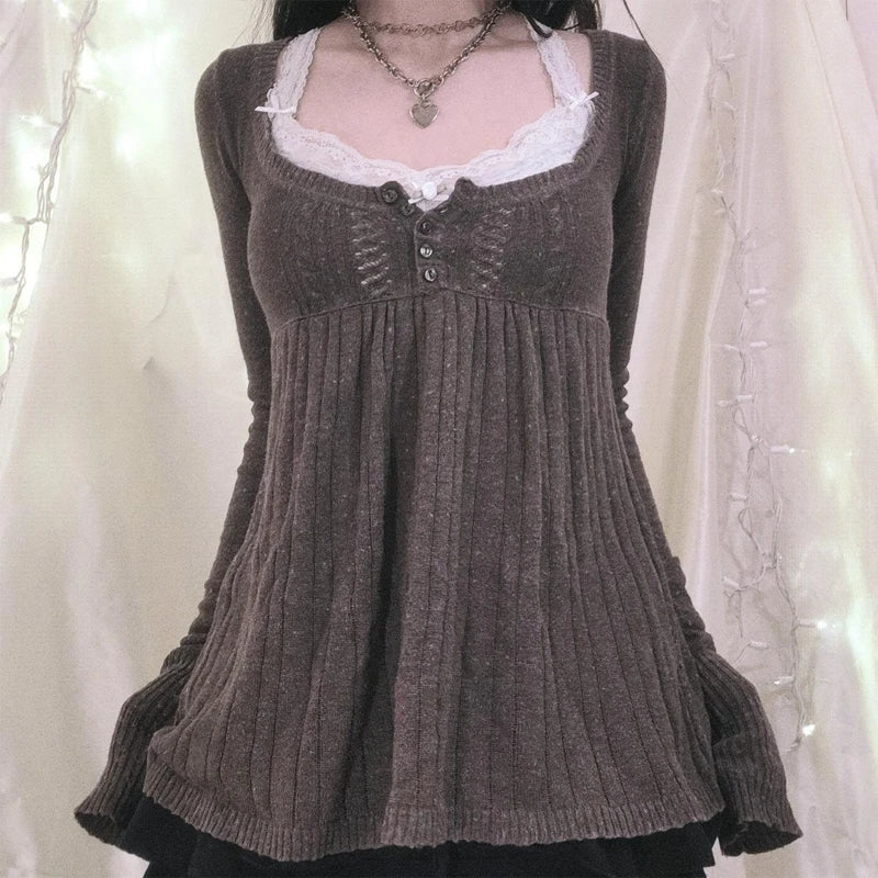 Vintage Babydoll Tops Pullovers Lady Aesthetic Coquette Knit Sweaters Outfit Autumn Square Neck Long Sleeve Knitwear Jumpers Y2k voguable