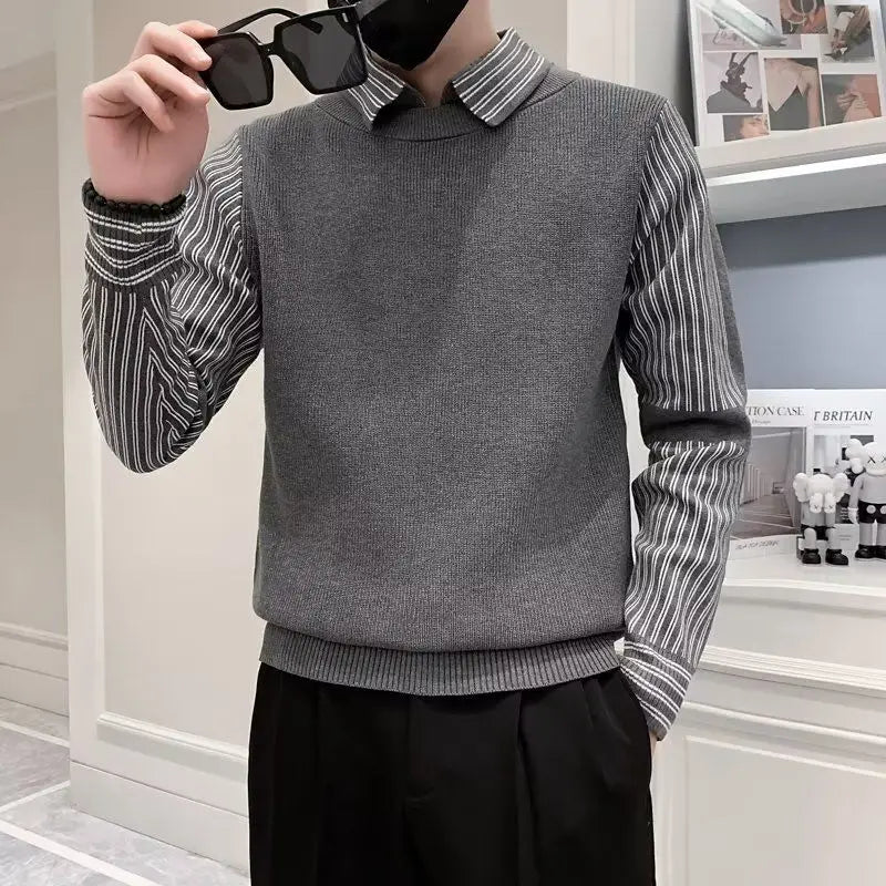 Autumn Winter Fake Two Pieces Fashion Harajuku Sweaters Men Loose Casual Knitting Tops All Match Pullover Chic Business Jumpers voguable
