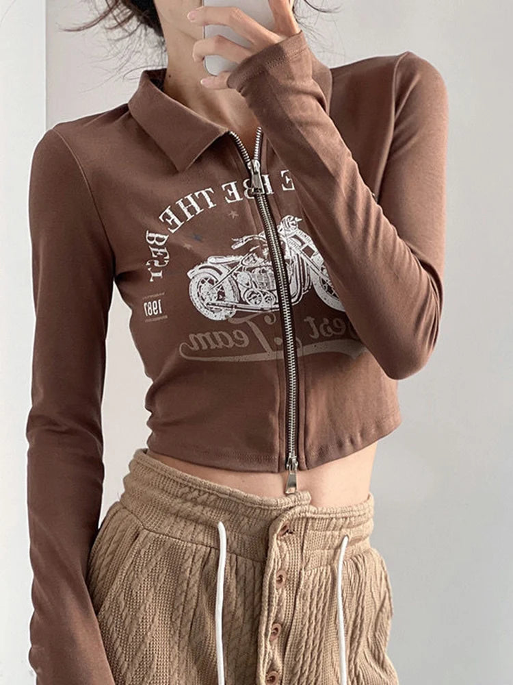 Voguable  Streetwear Sexy Crop Moto T Shirts Women Vintage Slim Back Lace Up Tops American Harajuku Letter Double Zipper Spring Tees voguable