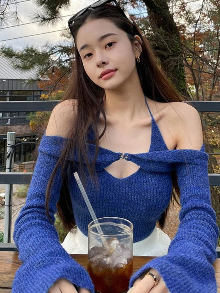 Y2K Top Women Long Sleeve T-Shirts 2 Piece Tops Halter Tanks Backless Crop Top Off Shoulder Tees Sexy Christmas Clothes voguable