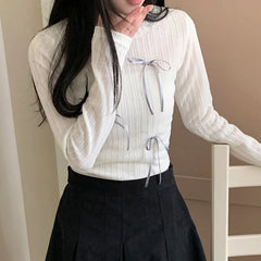 Voguable Sweet Multi Bows Knitted Top Pink White Casual Basics Slim-fit Tops Autumn Spring Korean Style Kawaii Knitwear Autumn voguable