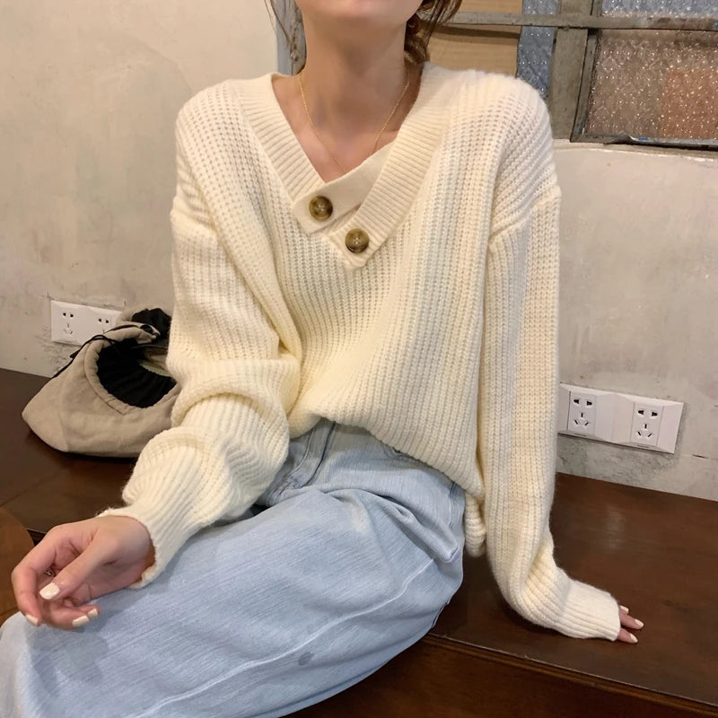 V-neck Knit Pullover Women Slouchy Long Sleeve Drop Shoulder Sweater with Buttoned Strap Cozy Knitwear Autumn Winter Chic Outfit voguable