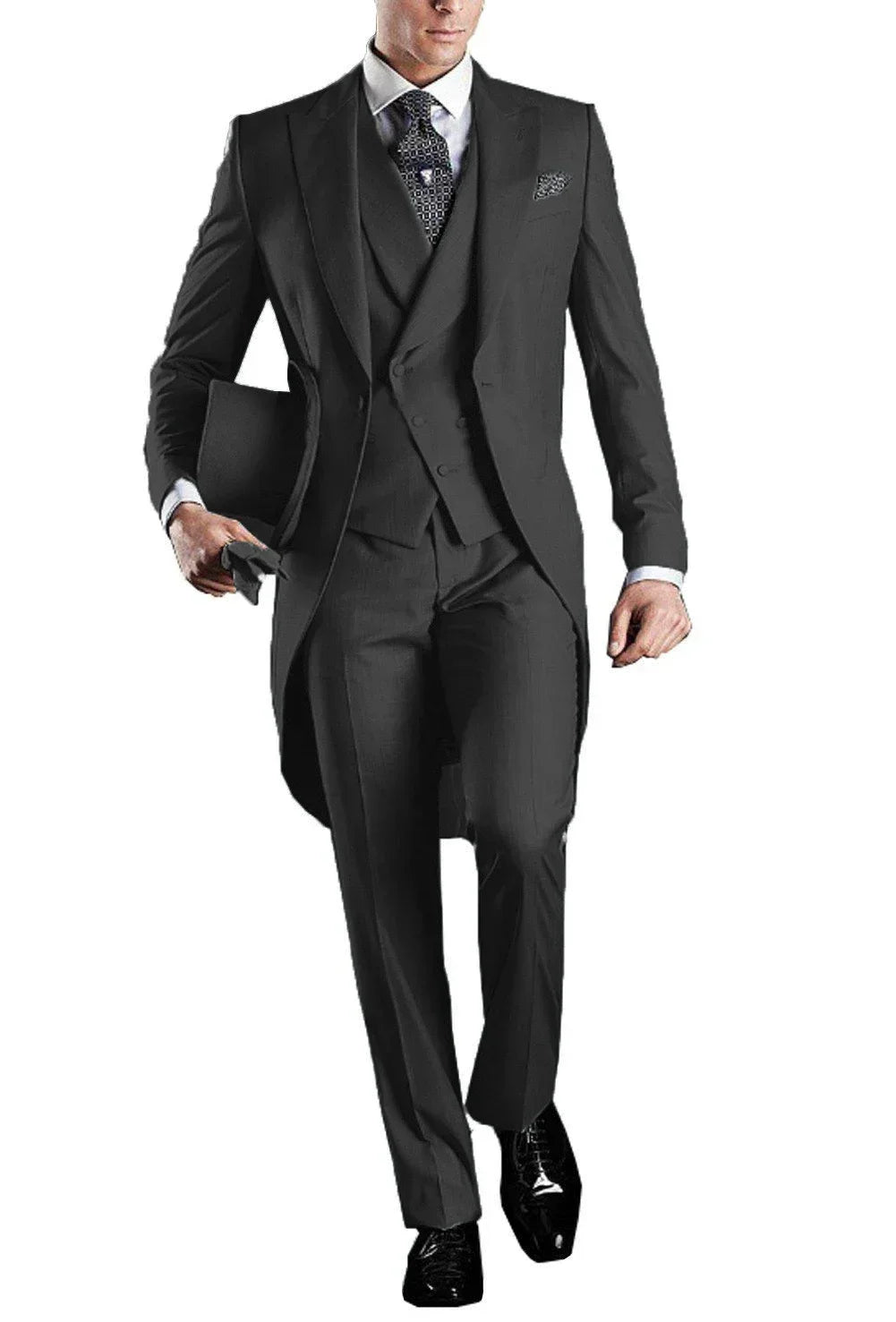 Voguable  Elegant Men's 3-Piece Tail Coat Blazer Vest Pant Tuxedo Set Regular Fit Peak Lapel Formal Male Suit for Prom Wedding Business voguable