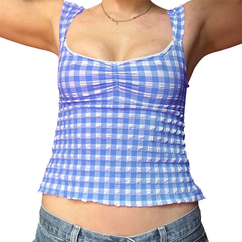 y2k Tops for Women Summer Fairycore Clothing Plaid Print Lace Trim Sleeveless Tanks T Shirts 2000s Clothing Streetwear voguable