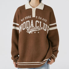 Voguable American Letter Embroidery Half Button POLO Shirts Oversized Sweater Brown Pullover Korean Preppy Girls Warm Winter Clothes voguable