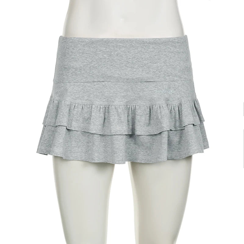 Voguable  Sweet Ruffle Tiered Mini Shorts Skirt Pink Grey Low-waisted A-line Pleated Skirts with Safety Pants Korean Japanese Y2K voguable
