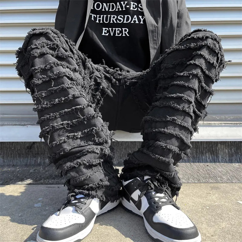 White Hip Hop Jeans Striped Tassel Frayed Straight Baggy Jeans Pants Harajuku Male Female Solid Streetwear Casual Denim Trousers voguable