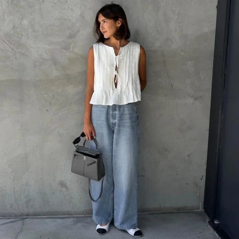New Summer Women Y2K Korean White Linen Cotton Pleated Lace Up Sleeveless Short Shirt Crop Top Blouse Pleated Shirts Clothes voguable
