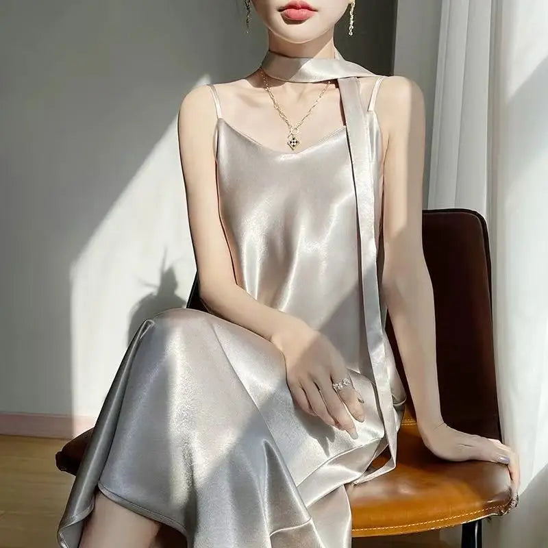 French Elegant Satin Camis Dress Women Summer Loose with Ribbon Midi Dress Female Fashion Aesthetic Party Evening Slip Dress voguable