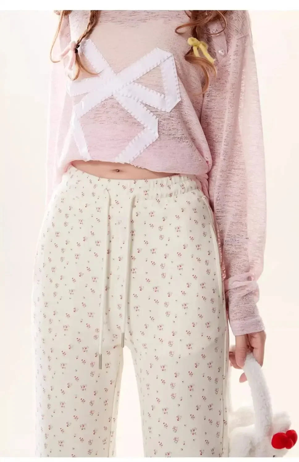 Bow Lace Floral Trousers for Women in Spring and Autumn New Casual Trousers Slim Pants for Daily Korean voguable