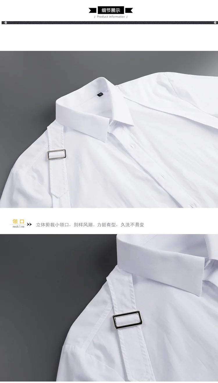 Luxury Men's Shirt Metal Buckle Ribbon Splicing Casual Social Shirts Long Sleeve Slim Fit Business Banquet Party Blouse Tops voguable