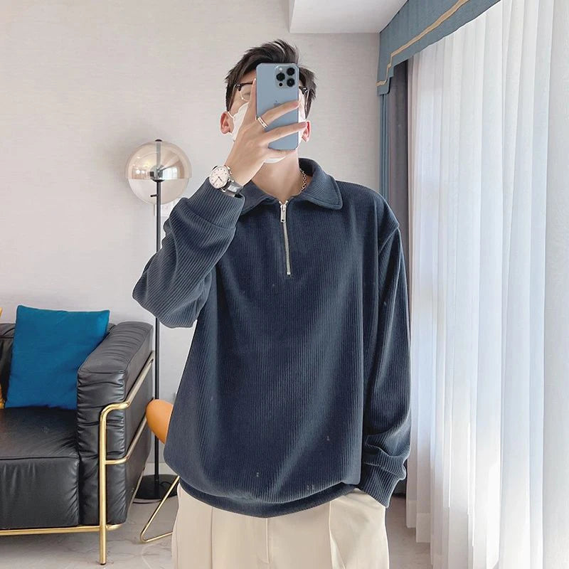 Voguable  Fall Winter Zipper Long Sleeve Men Polo Sweatshirts Casual Fashion Harajuku Oversized Pullovers Punk Streetwear Black White Gray voguable