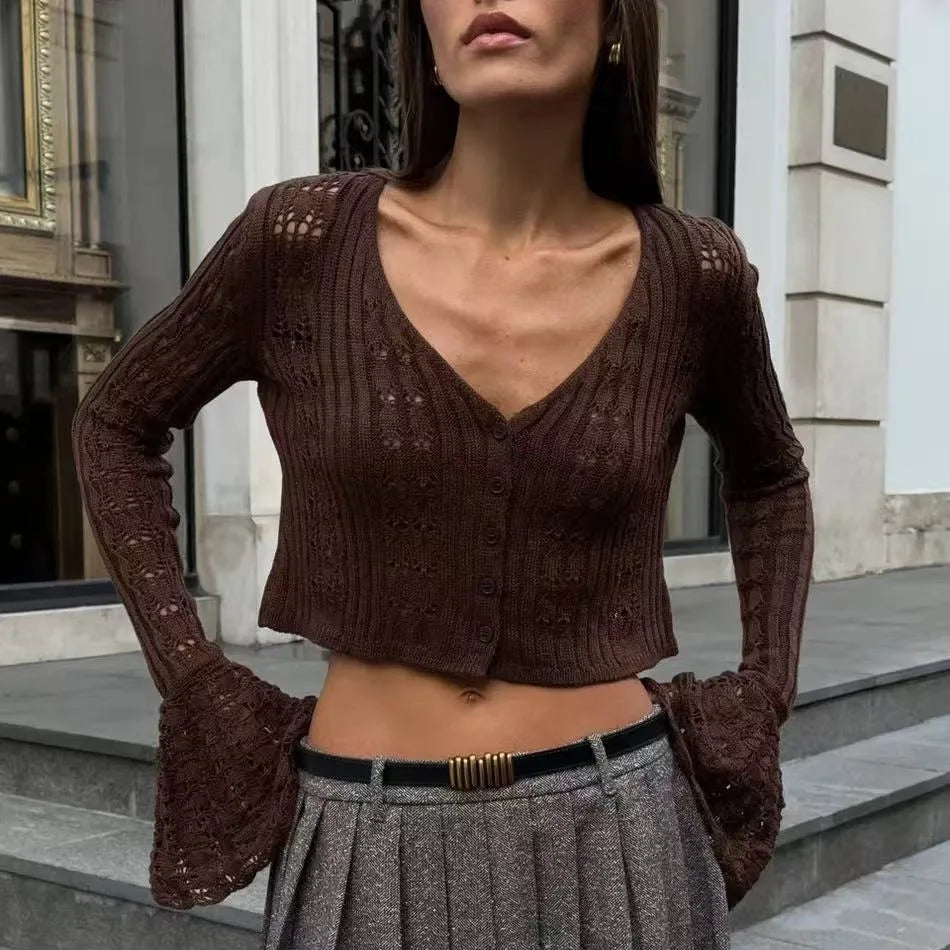 2025 New Knit Flare Sleeve V-neck Hollow Out Short Coat Fashion Casual Button Transparent Summer Cardigan Top Cover-up Jacket voguable