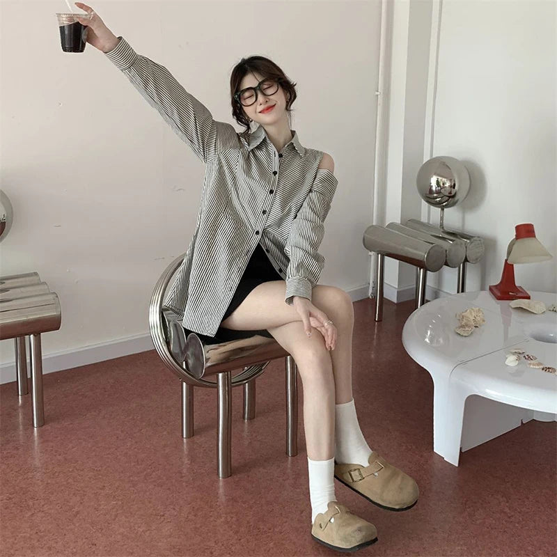 Hollow Out Striped Shirt Women Casual Long Sleeve Off Shoulder Blouse Korean Vintage Loose Design Female Retro Elegant Top voguable
